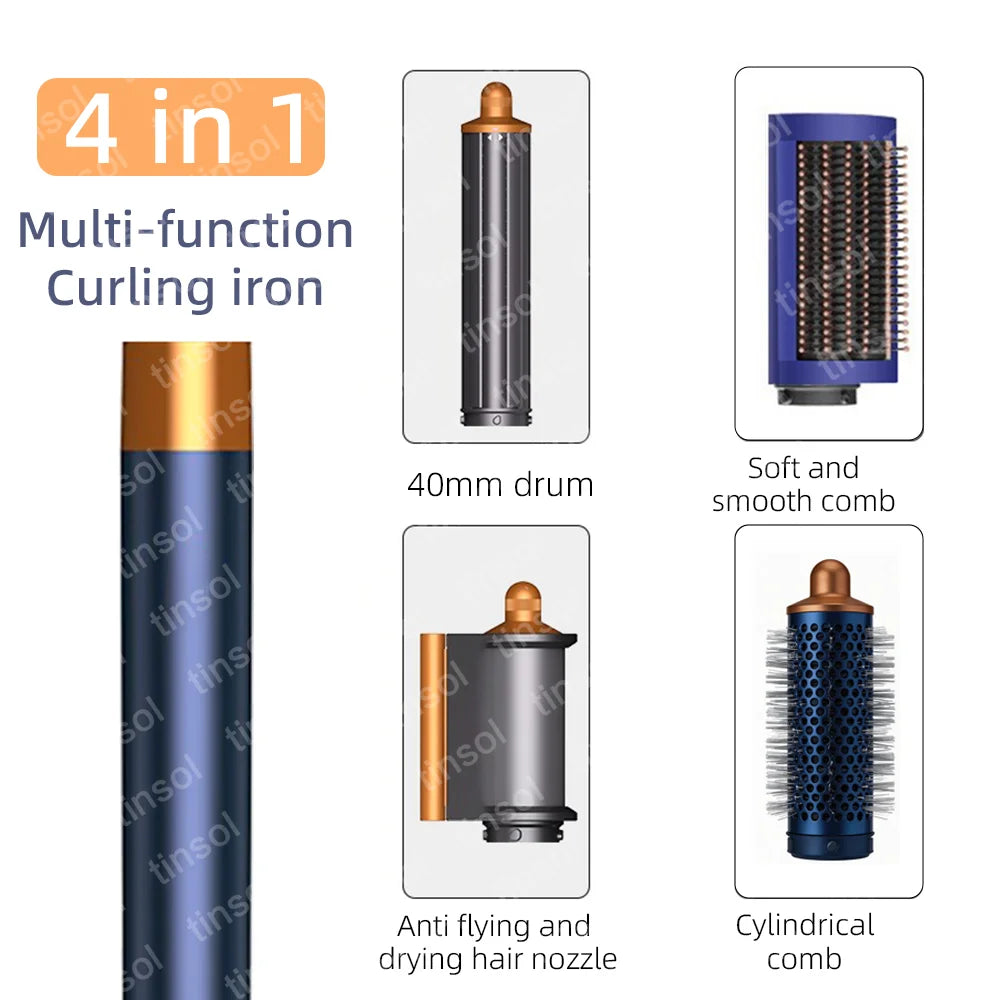 4-in-1 blue and gold hair styler set with curling drum, smoothing brush, drying nozzle, and cylindrical comb.