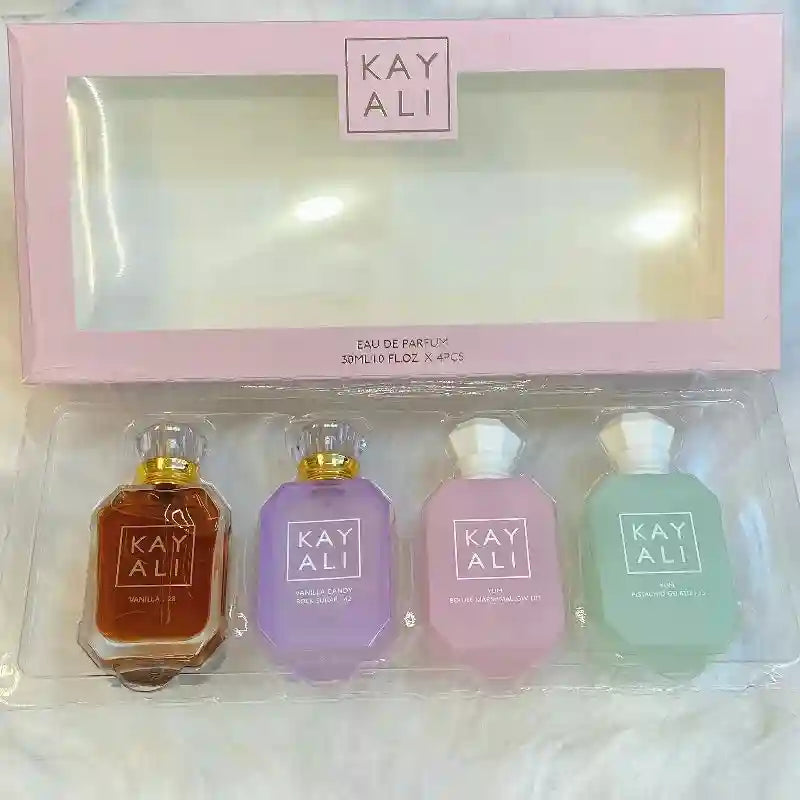 KAYALI Unisex EDP Perfume Gift Set: 4x30ml travel bottles with vanilla, pistachio, and marshmallow notes in luxury box.