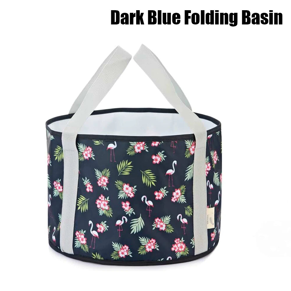 Dark blue floral folding foot spa basin for home detox ion therapy with white carry handles and portable design.