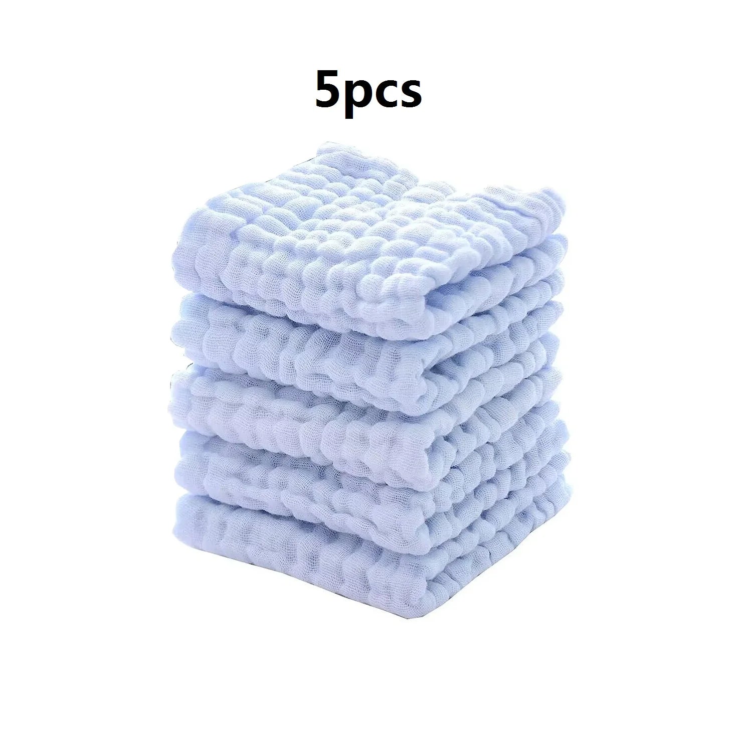 Stack of 5 light blue muslin baby washcloths for soft baby care and cleaning.