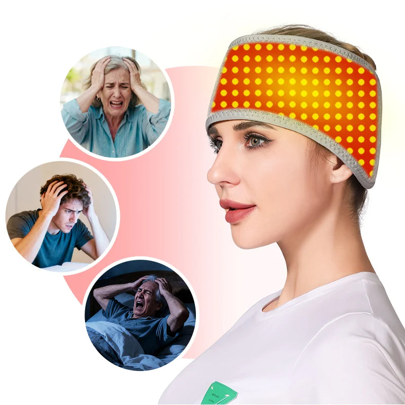Woman wearing red light heating headband for migraine relief and stress reduction with illustrated user pain points.