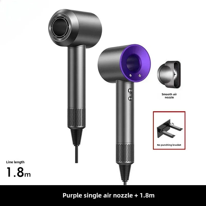 Grey ionic hair dryer with purple nozzle, 5-in-1 styling attachments, wall bracket, and 1.8m cord for professional use.
