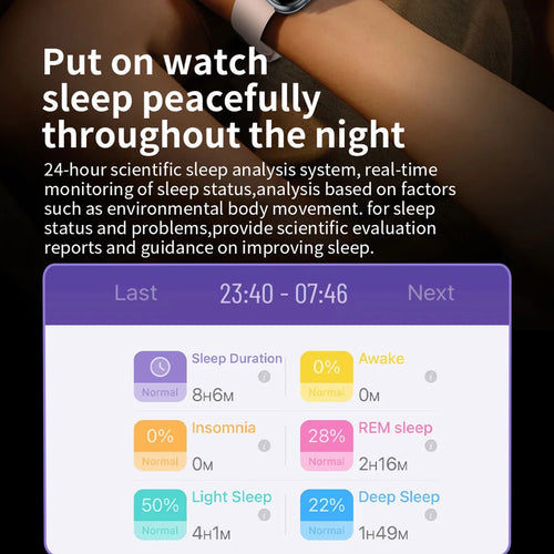 Smart watch screen showing sleep tracking with awake, REM, deep sleep stats