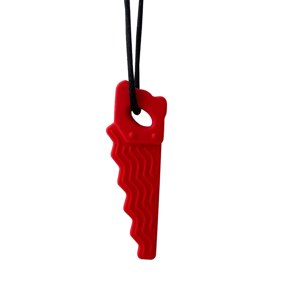 Red saw-shaped silicone teething toy for baby teething relief on a black cord.