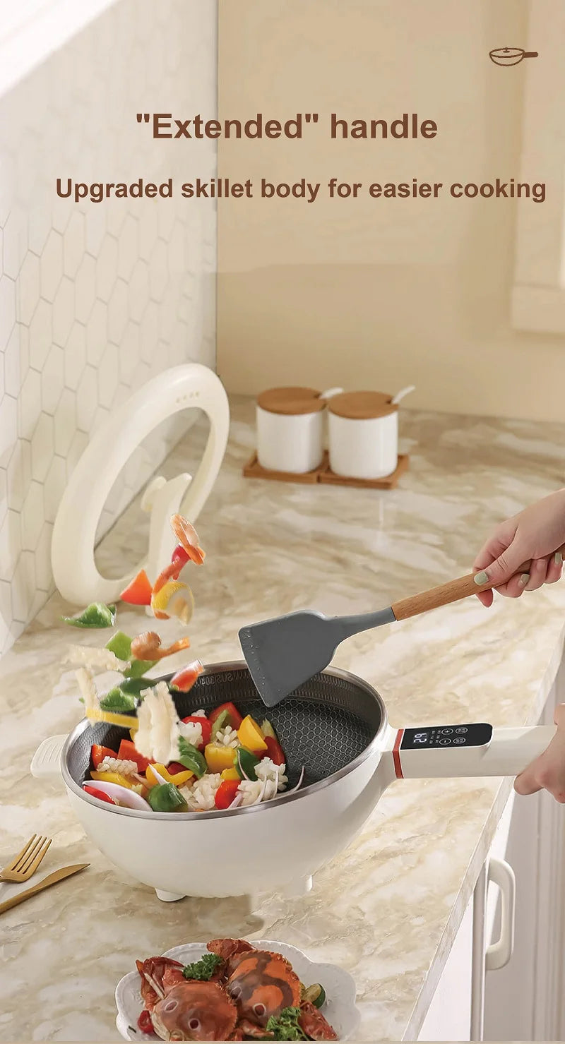 Electric cooking pot with extended handle spatula lifting vegetables and meat