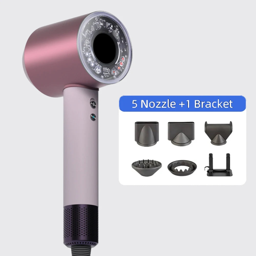 Pink professional leafless negative ion hair dryer with 5 styling nozzles and storage bracket for fast, safe drying.