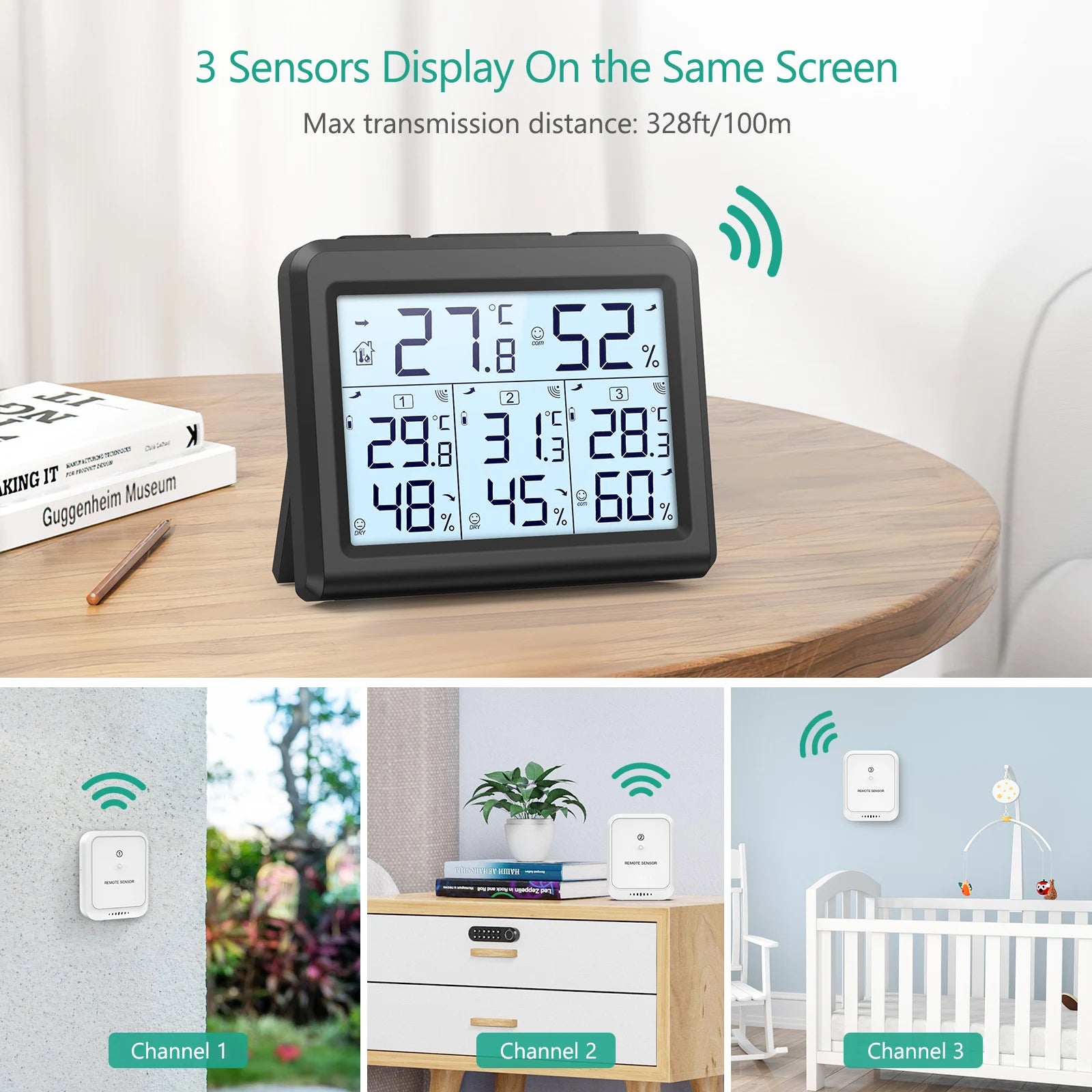 ORIA Indoor Thermometer Digital Hygrometer Wireless Temperature and Humidity Gauge Monitor with 3 Sensor for Home Office Bedroom