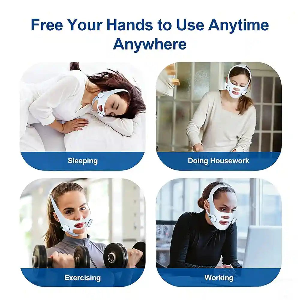 White, ergonomic V-line facial lifting mask with adjustable straps, worn for hands-free toning while active or resting.