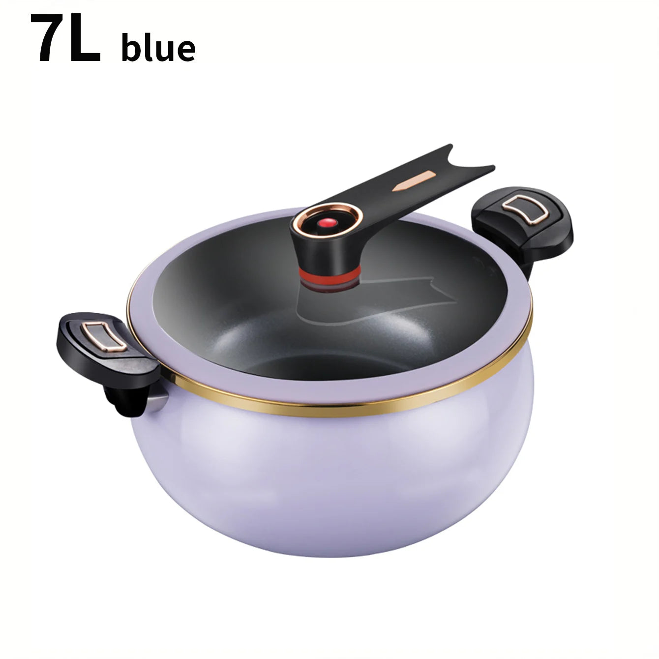 7L micro pressure cooker with blue pot and glass lid, gold rim, copper-accent control knob