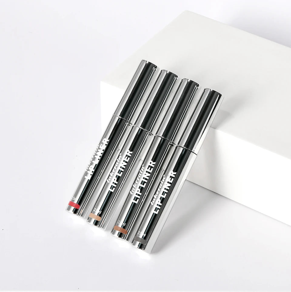 Four waterproof matte peel-off lip liner pens in silver tubes on a white pedestal for long-lasting lip enhancement.