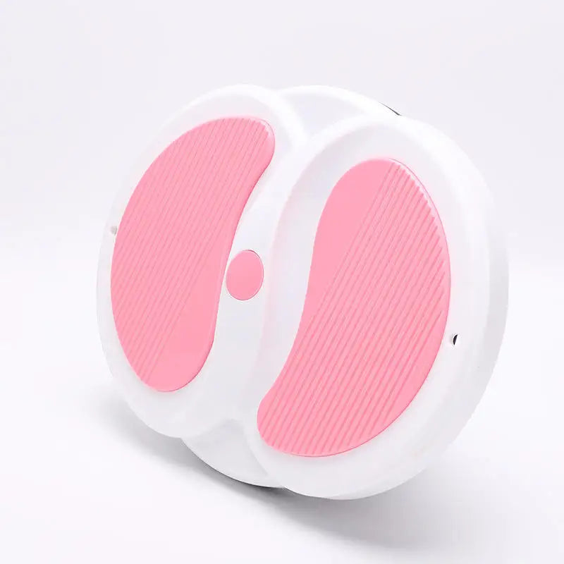 Round white plastic waist twisting disc with two textured pink foot pads for core fitness exercise.