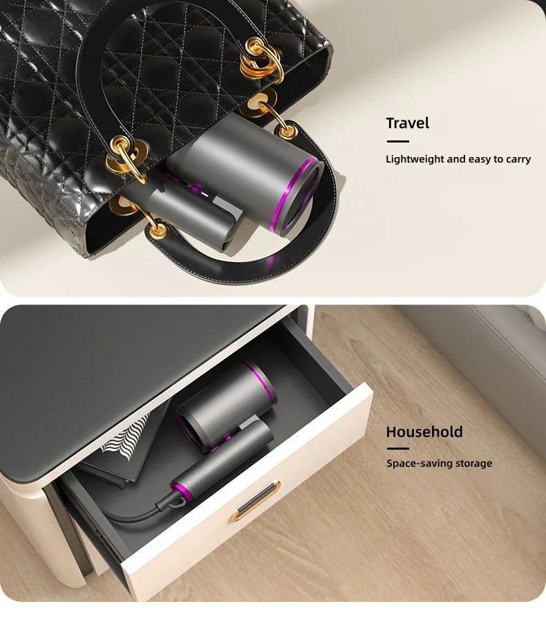 Foldable grey negative ion hair dryer in a handbag and drawer, perfect for travel and compact home storage.