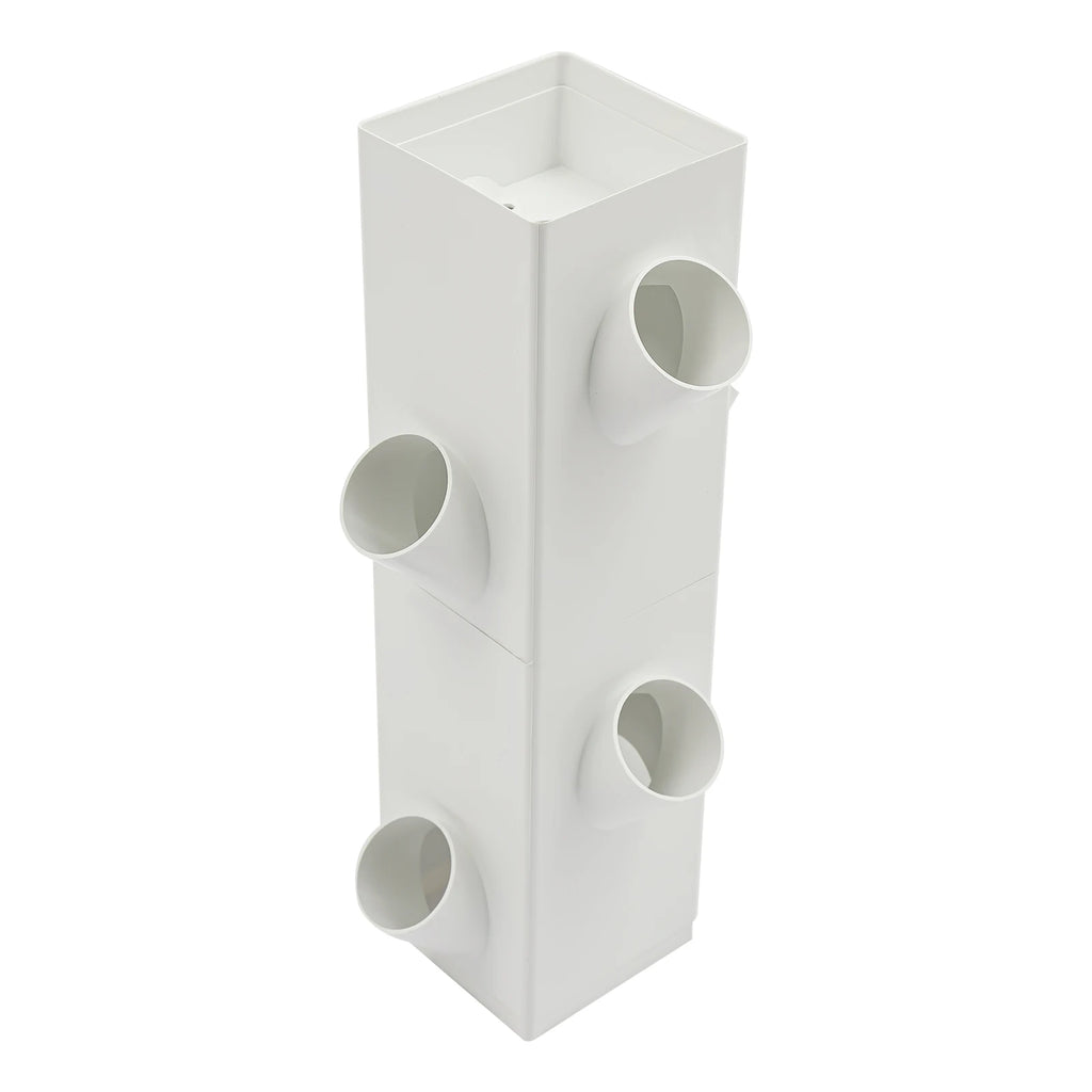Hydroponic tower water reservoir, white rectangular tank with three circular inlet ports