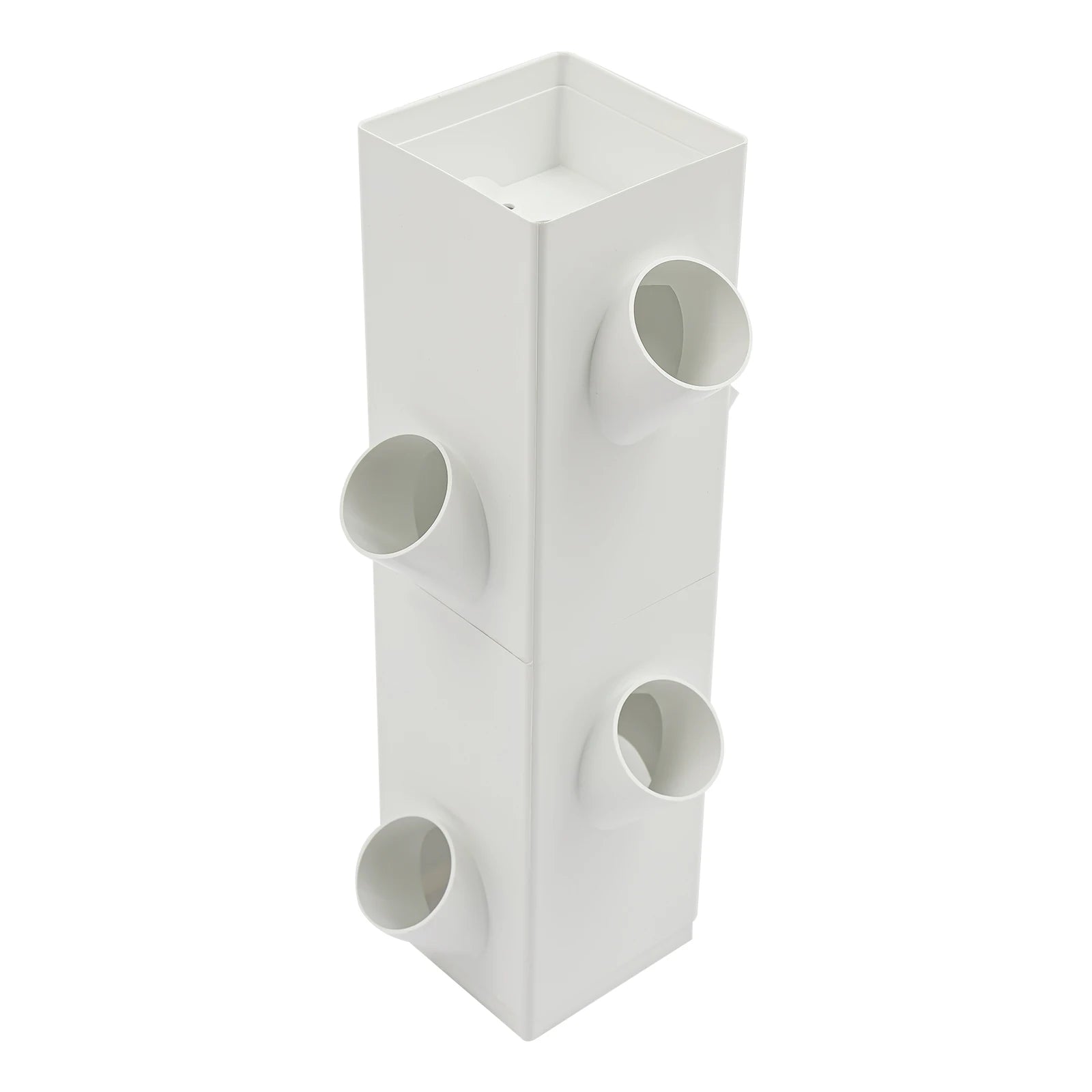Hydroponic tower water reservoir, white rectangular tank with three circular inlet ports