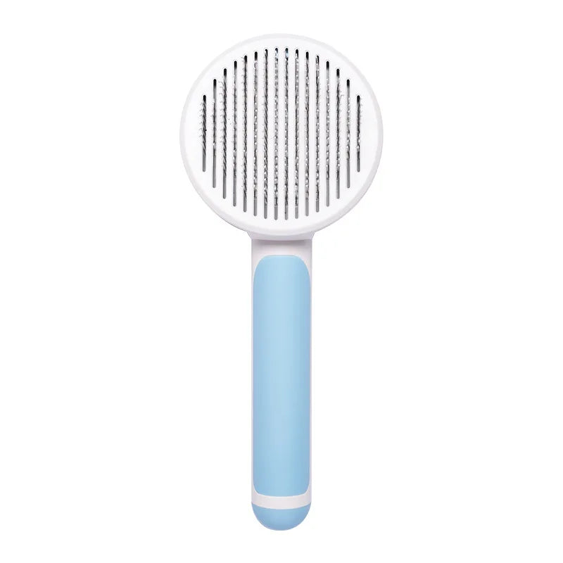 Blue and white self-cleaning slicker brush for dogs and cats to easily remove loose hair and detangle pet fur.