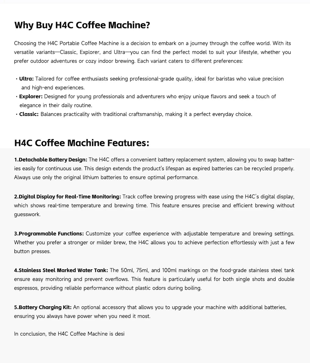H4C portable coffee machine with stainless steel tank, digital display, and battery-powered design for mobile brewing.