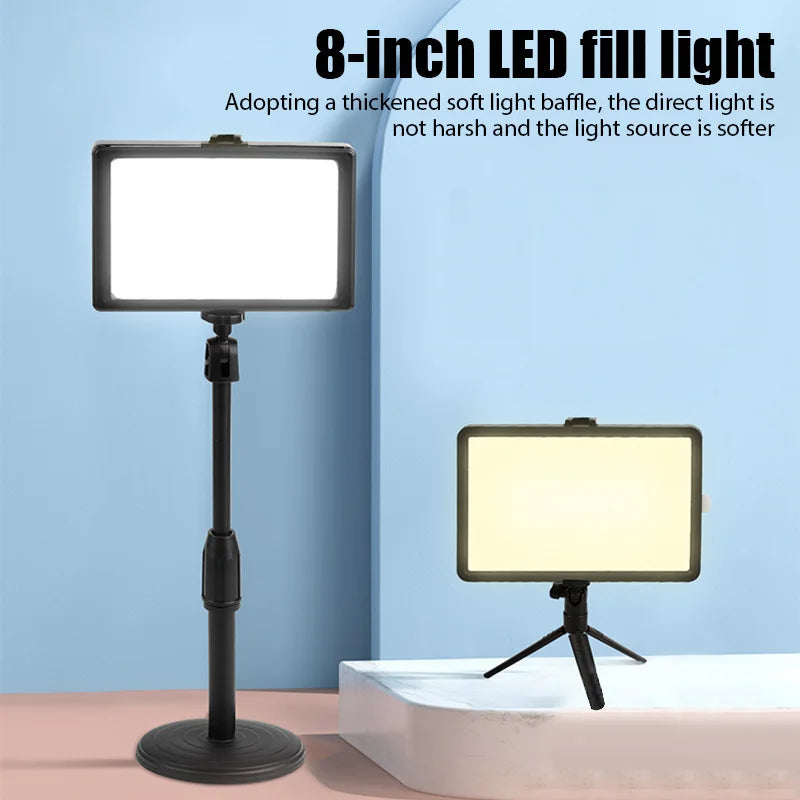 8-inch rectangular LED fill light on adjustable stands, designed for soft studio lighting.