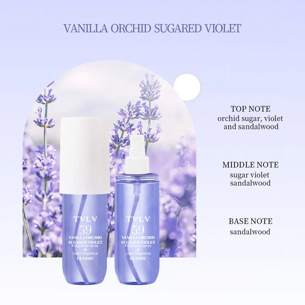 TVLV 59 Vanilla Orchid Sugared Violet alcohol-free perfume spray. Long-lasting floral aromatherapy for parties.