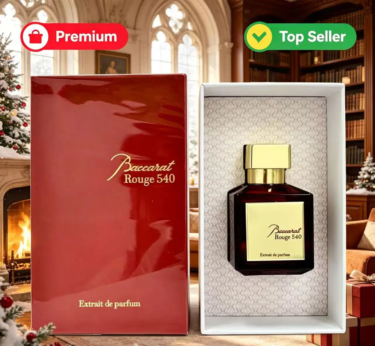 Baccarat Rouge 540 Extrait de Parfum for men and women. Luxury square red glass bottle with gold cap in gift box.