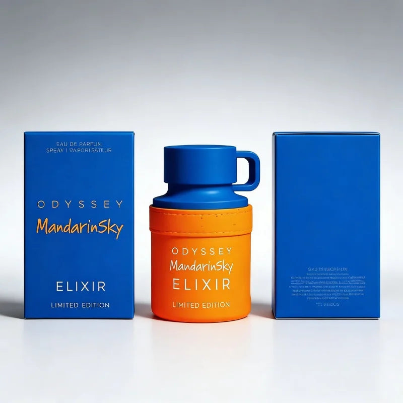 Odyssey Mandarin Sky Elixir unisex EDP: 100ml Arabic floral fragrance in a unique orange & blue handled bottle.
