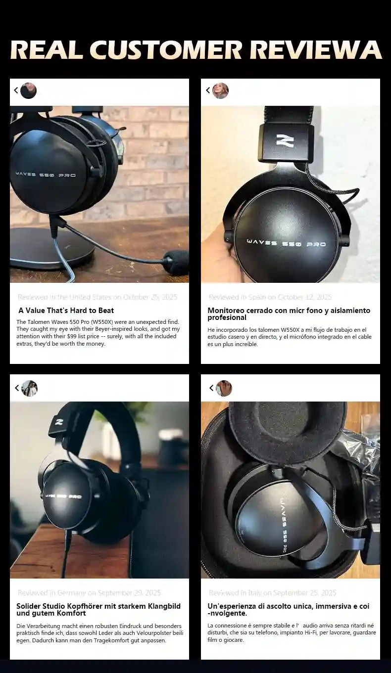 Wired Studio Headphones Over-Ear Monitor - Detachable Cable (W550x) Tidesmit