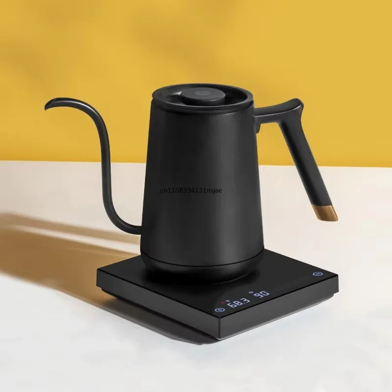 Matte black gooseneck electric kettle with digital temperature control base and gold handle accents.