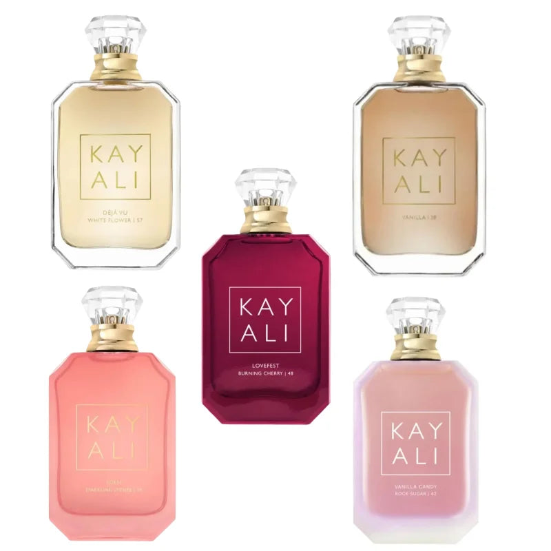 KAYALI Eau de Parfum collection: 100ml luxury floral, woody, and vanilla scent bottles with crystal glass caps.