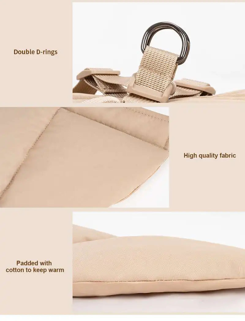 Beige winter dog jacket with harness D-rings, padded cotton fabric for warmth, ideal outdoor apparel for small dogs.