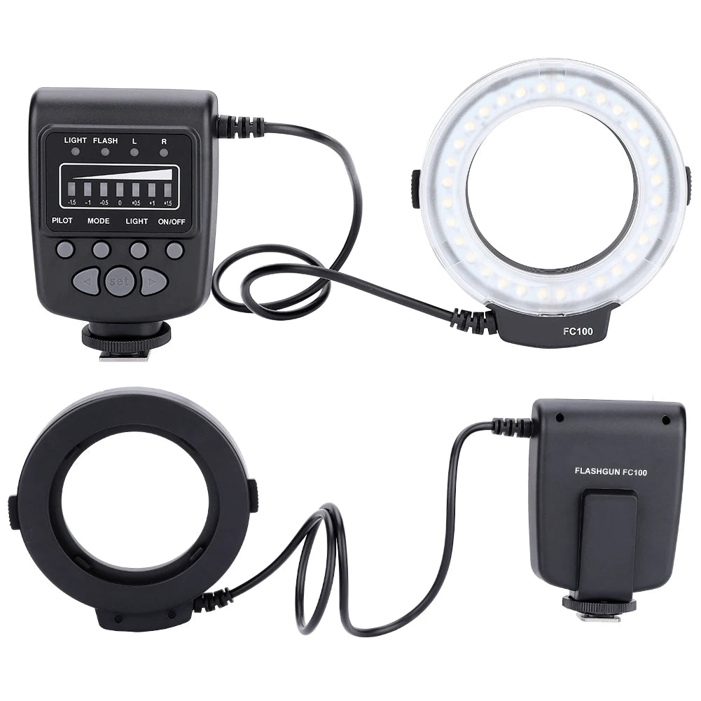 Macro ring flash with black control unit and LED light ring, used for close-up camera photography.