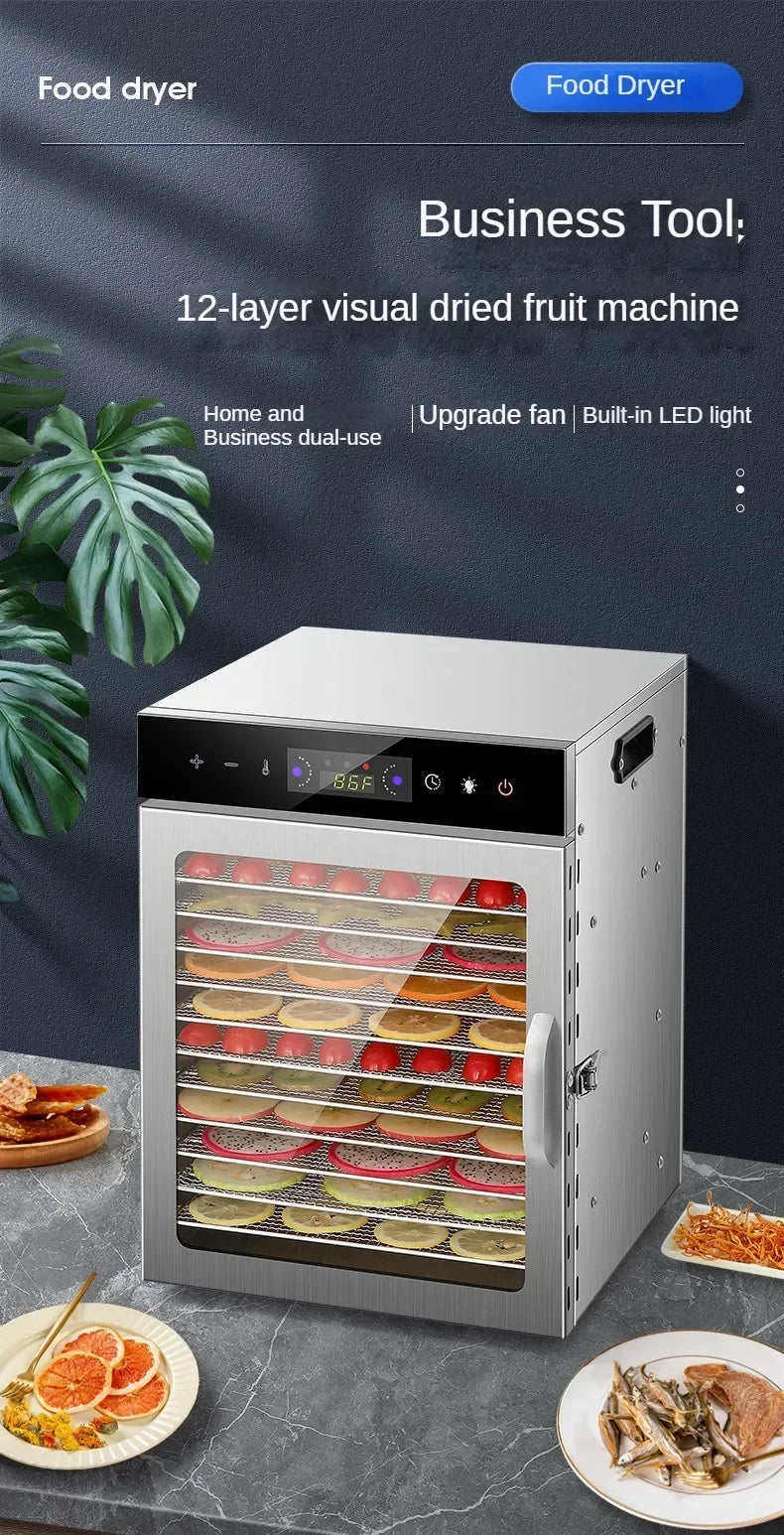 Tidesmit commercial multi-layer food dehydrator showing internal tray capacity for fruits, meats, and snacks.