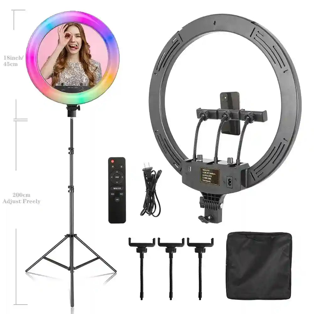 18 Inch RGB LED Ring Light with Tripod - Dimmable Studio Lighting SH-HXD-18RGB-08 Tidesmit