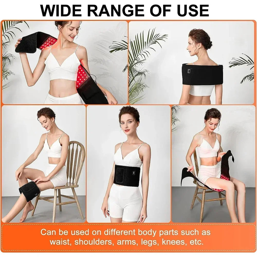 Black LED red light therapy belt showing 660nm and 850nm infrared pads for back, waist, shoulder, and knee pain relief.