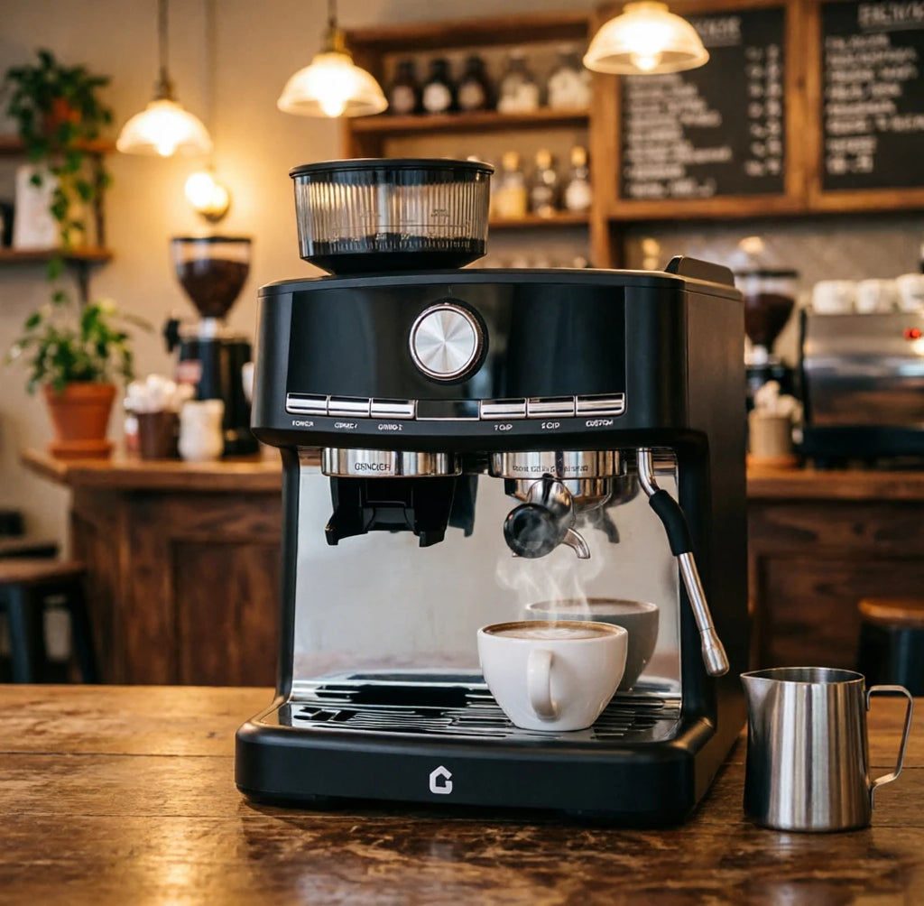 Black Gevi espresso machine with integrated grinder, stainless steel accents, and milk frother steaming a fresh latte.