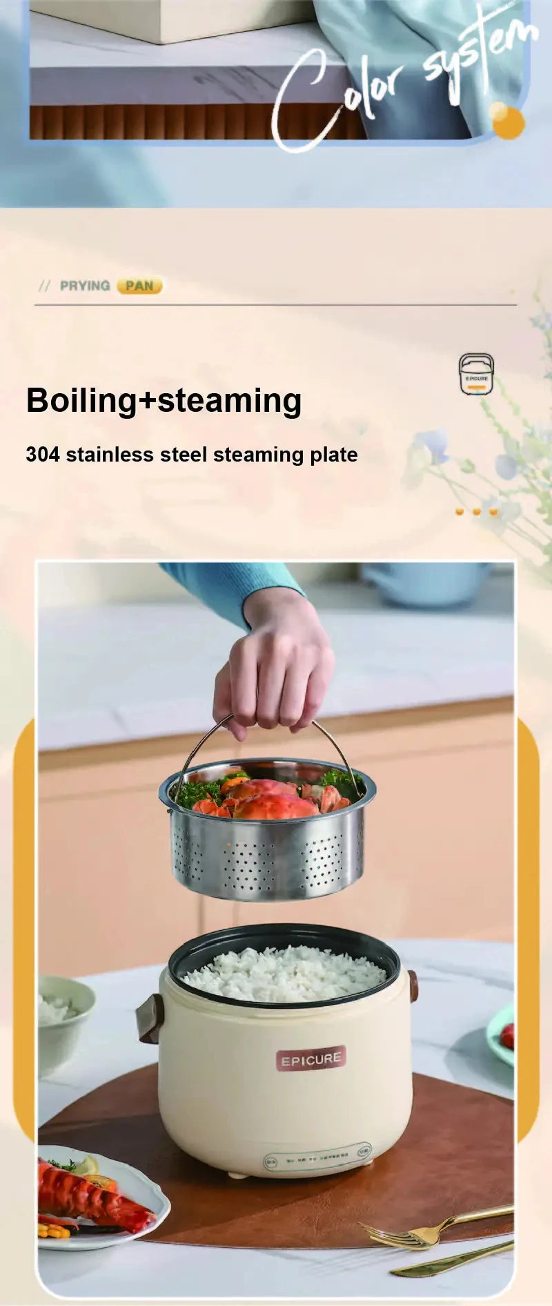 Electric rice cooker with perforated steaming plate and steaming basket