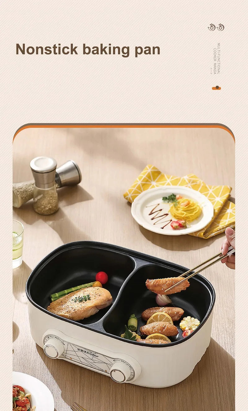 6L electric nonstick baking pan insert with sausages and sliced vegetables