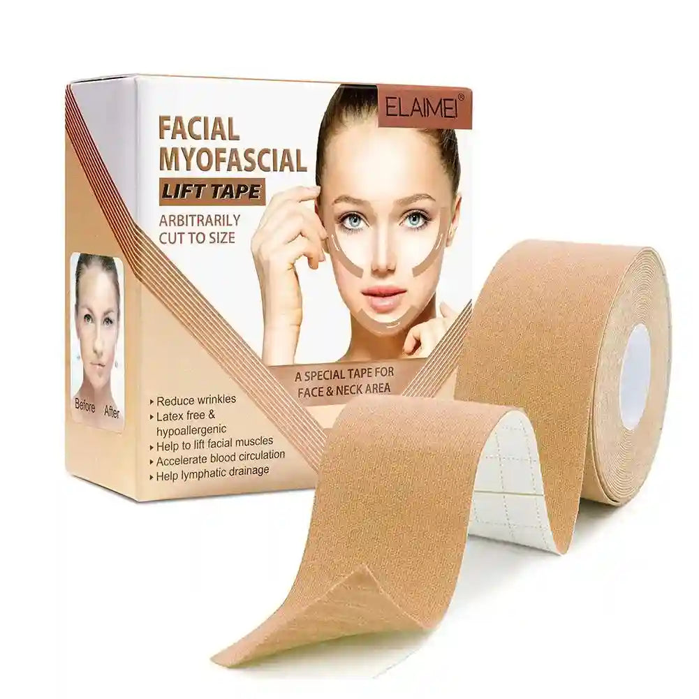Nude kinesiology facial lift tape roll and product box featuring a woman showing tape application for wrinkle reduction.