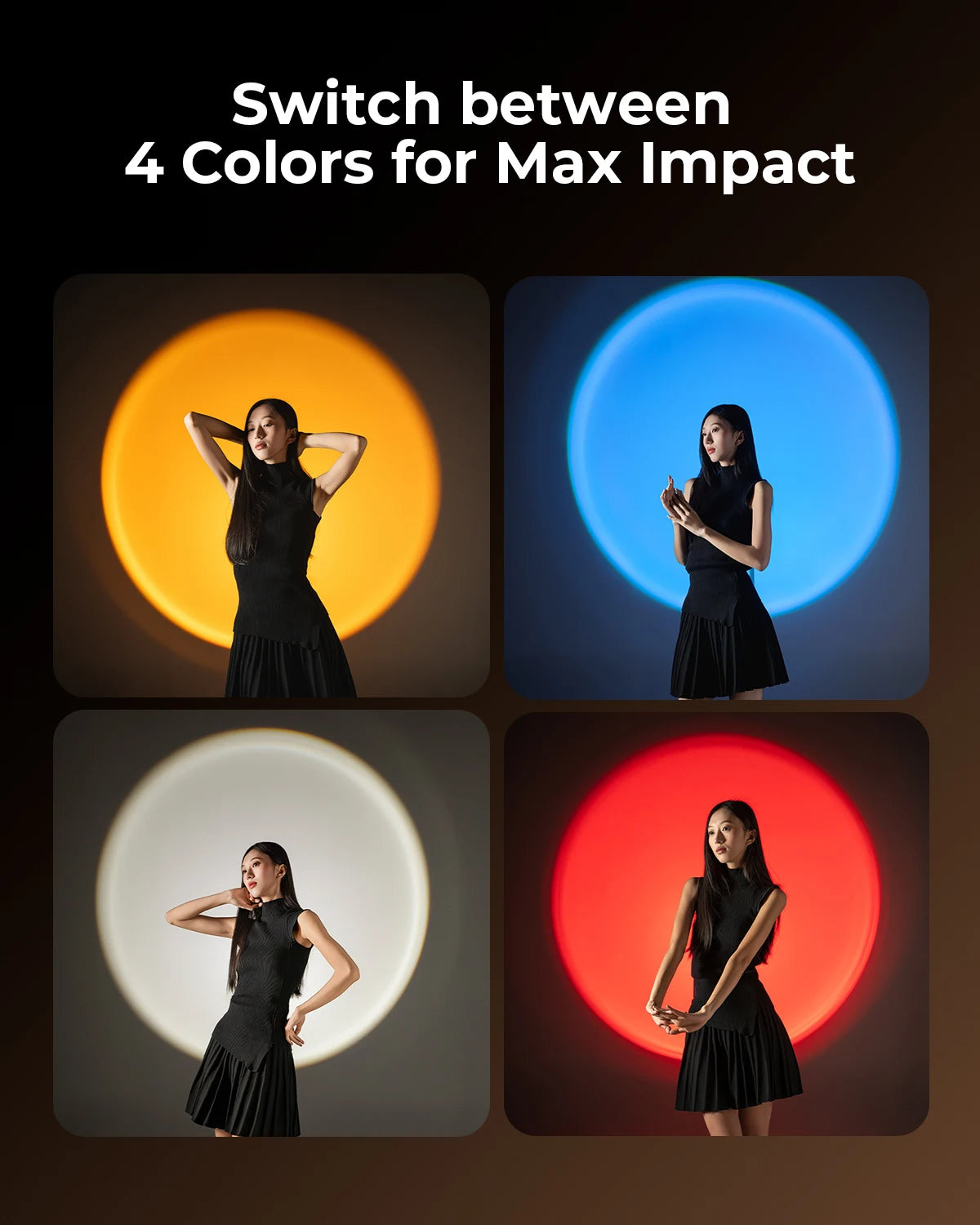 Sunset lamp projecting circular yellow, blue, white, and red light behind a woman for photography and mood lighting.