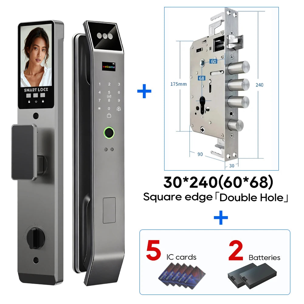 SANKESONG Tuya Smart 3D Face Door Lock with Security Camera Monitor Intelligent Fingerprint & Password Biometric Dual Battery