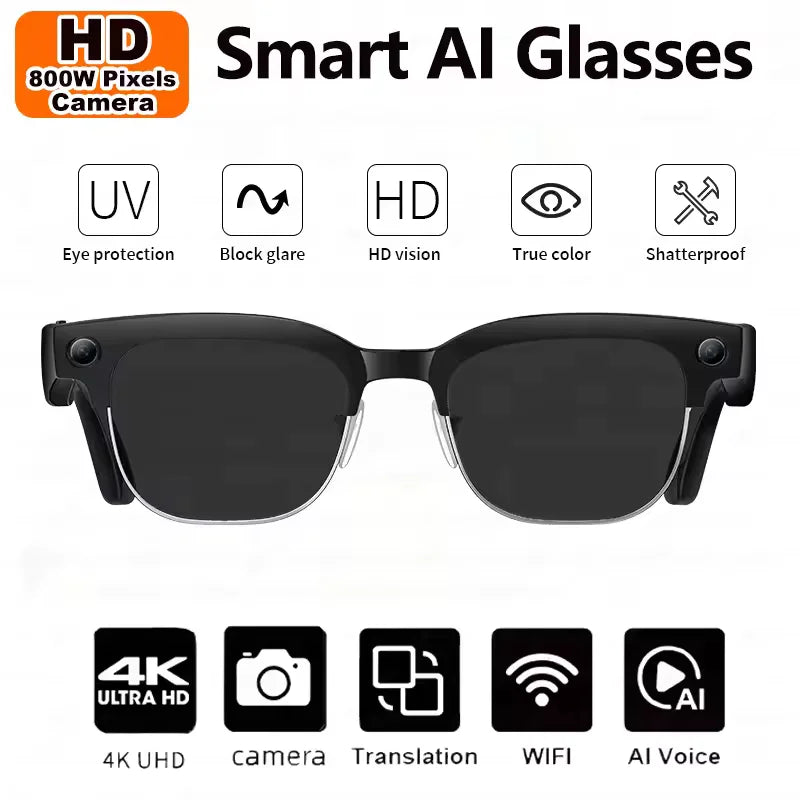 Smart Bluetooth Glasses with AI Camera and Live Translation - Tidesmit Black sunglasses Tidesmit