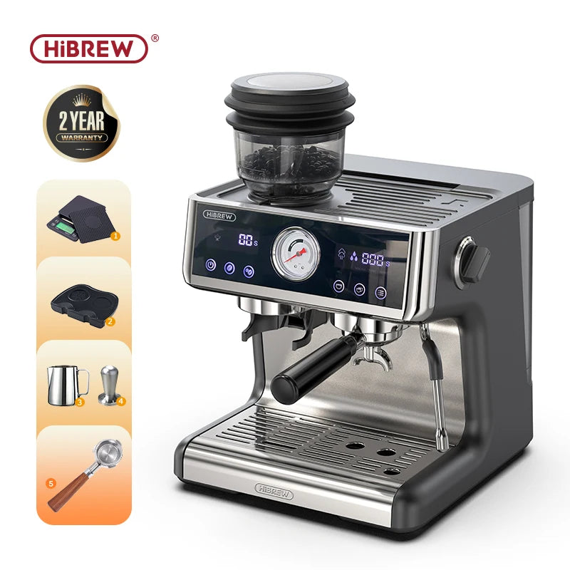 HiBREW espresso machine with built-in grinder, black and stainless steel finish, digital display and pressure gauge.