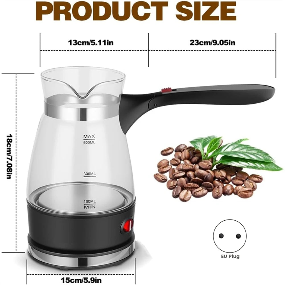 Electric Turkish coffee maker, 500ml glass pot with black base, ergonomic handle, and EU plug dimensions diagram.