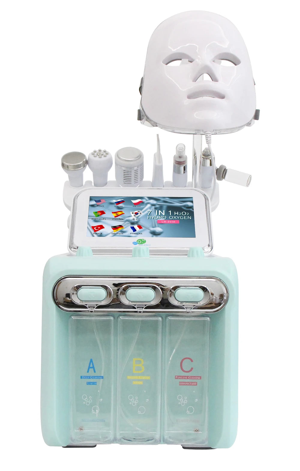 7-in-1 water dermabrasion facial machine with LED mask, touchscreen, and three liquid bottles for spa skin care.