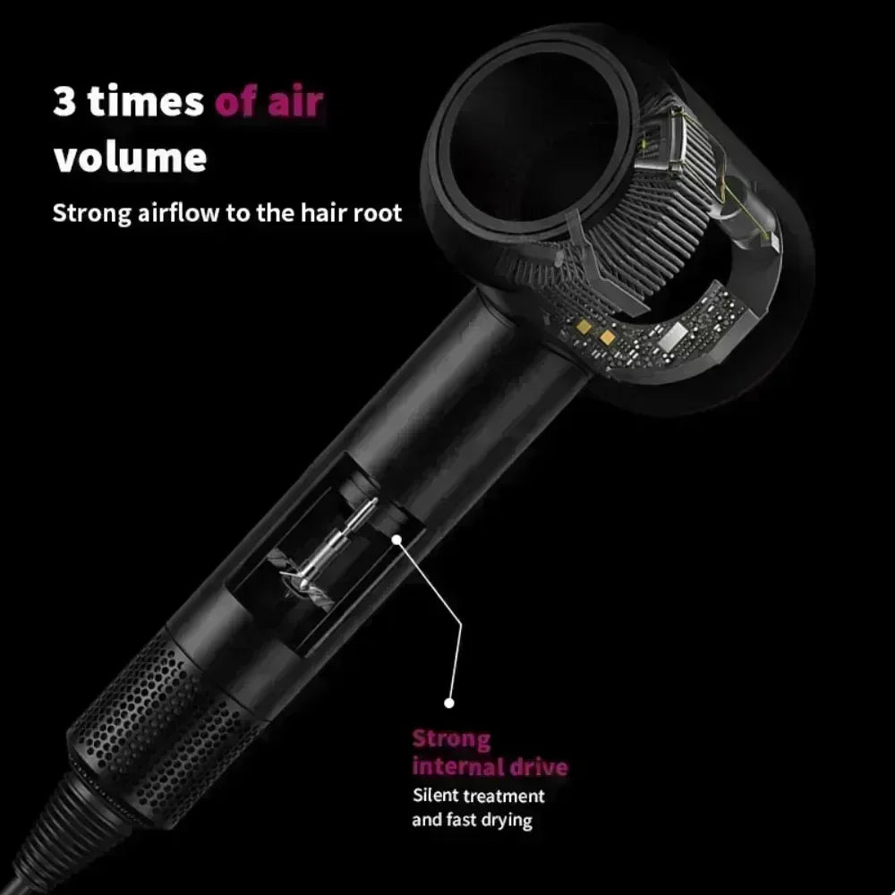 Black 5-in-1 professional hair dryer cross-section showing powerful motor, high airflow design, and quiet tech.