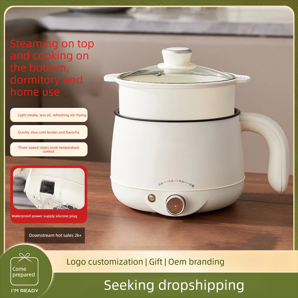 White electric multi-cooker hot pot with lid, side handles, and front heat dial