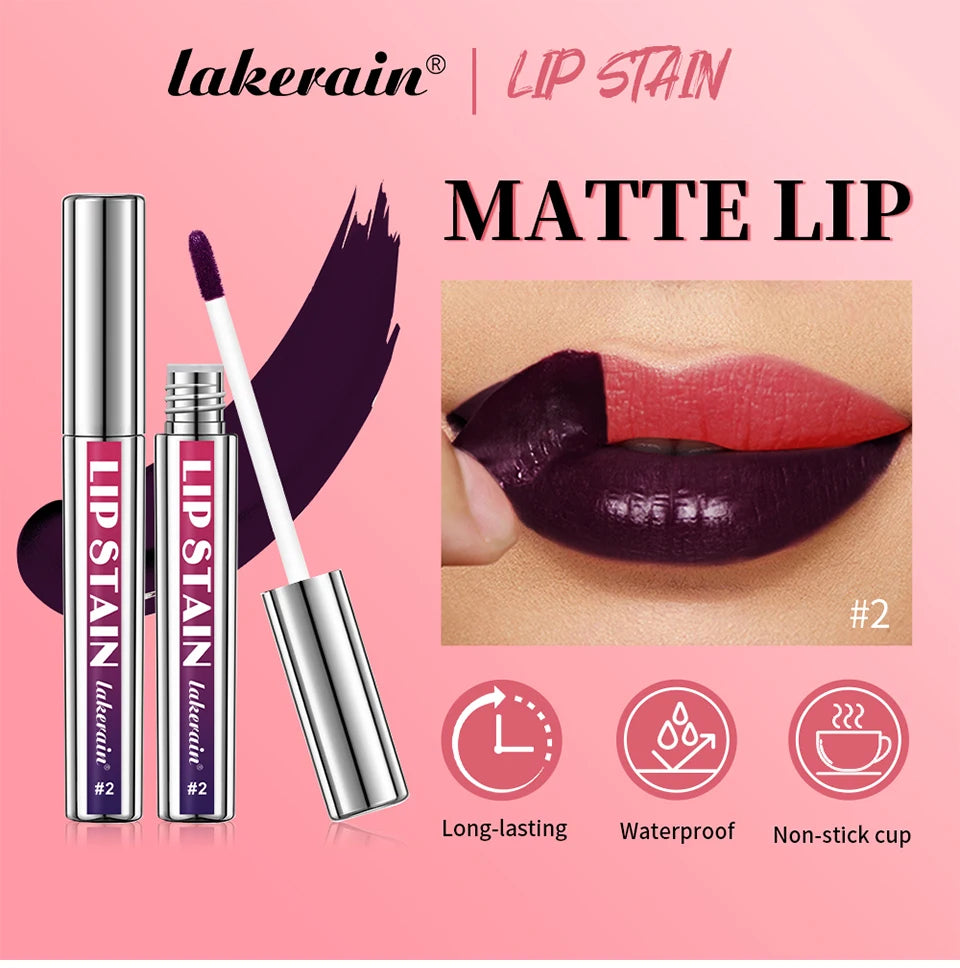 Lakerain waterproof peel-off lip stain, long-lasting matte lip tint in dark purple shade for natural mist makeup finish.
