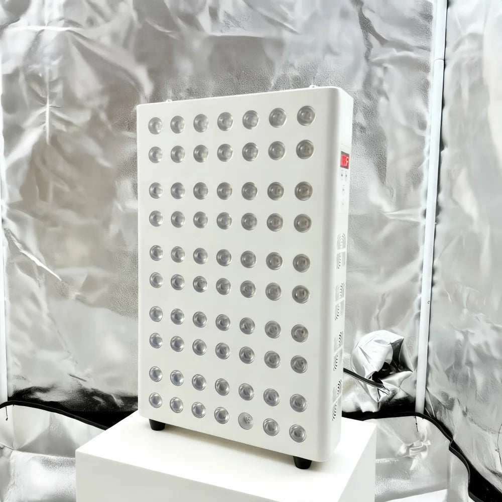 White LED red light therapy panel for face and body skin rejuvenation, anti-aging, and pain relief.