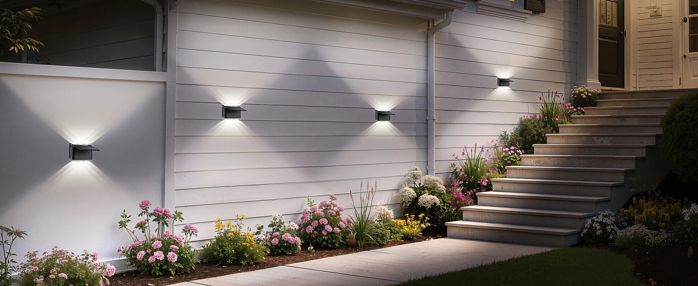 intelamp Solar Wall Lights 2 Pack with Remote, 3 Color Modes, IP65 | Customizable Up/Down lighting, IP65 Waterproof Solar Lamp for Outdoor Walls, Fences, Patios and Entryways