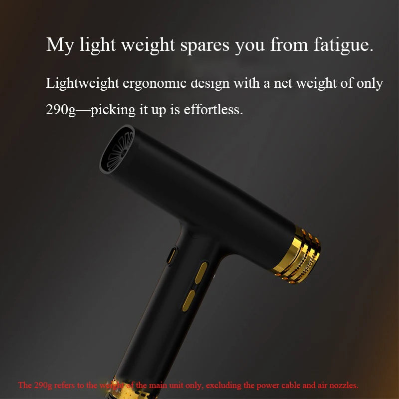 Lightweight 290g black and gold ionic hair dryer with ergonomic design for quiet, professional quick drying.