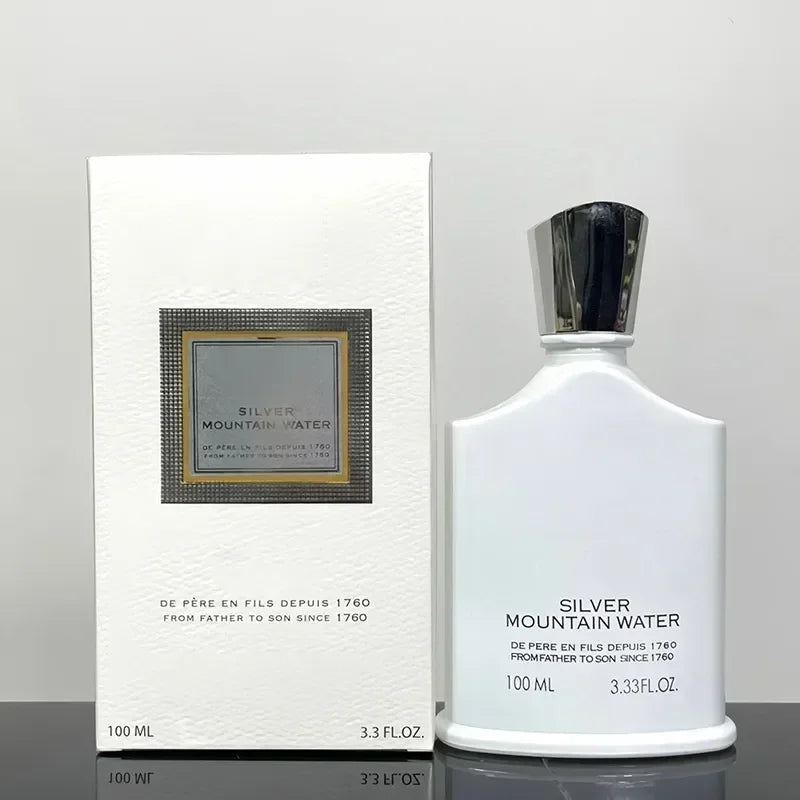 Creed Silver Mountain Water unisex Eau de Parfum 100ml in white flask bottle with silver cap and luxury gift box.