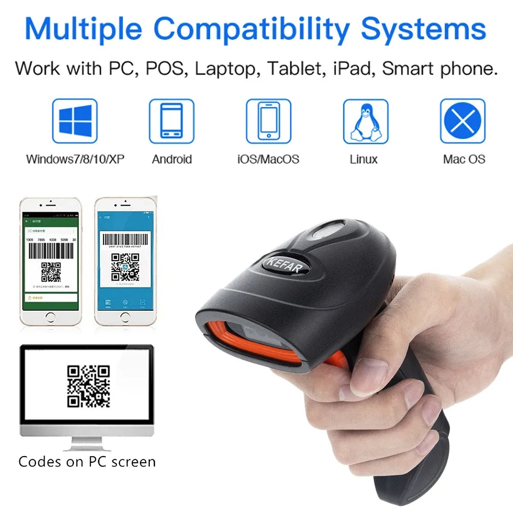 Black handheld wireless 2D barcode scanner held in hand for retail checkout use
